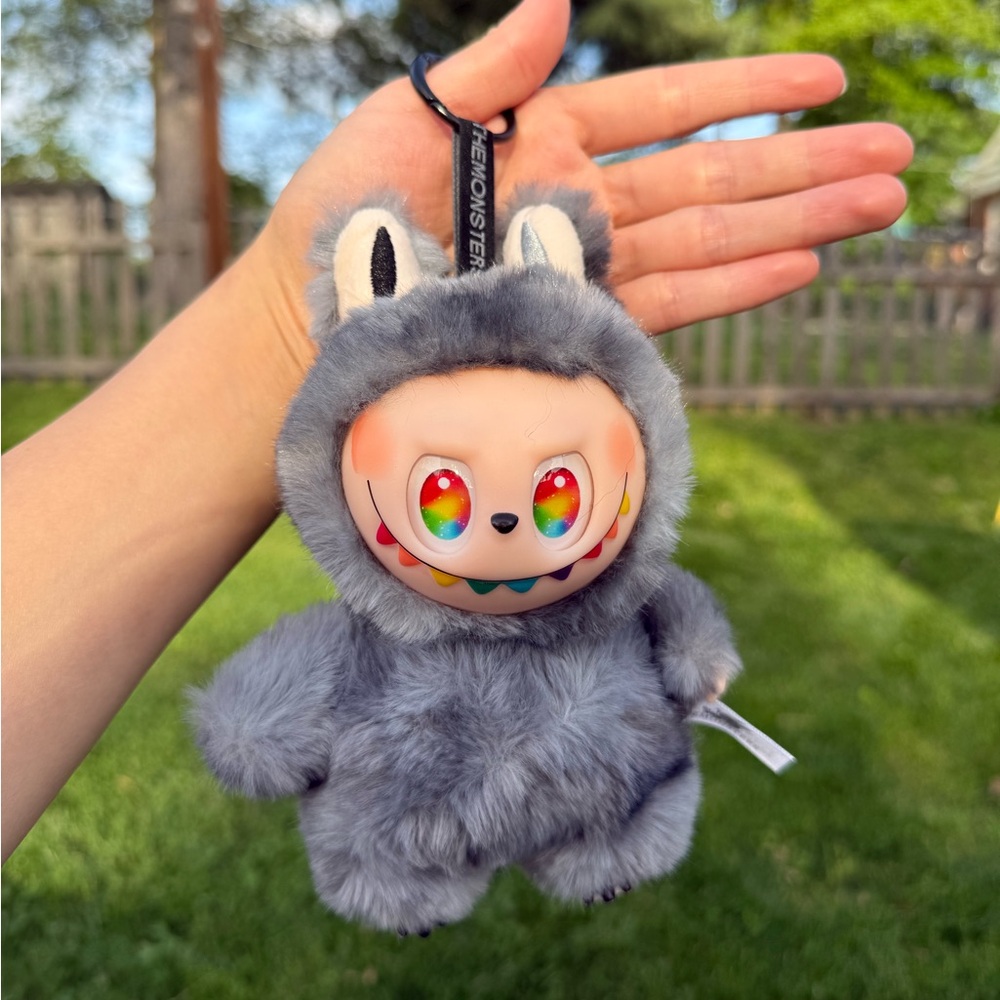 Gray Furry Labubu Rainbow-Eyed Plush Keychain-Stuffed Animal Charm-Great Gift